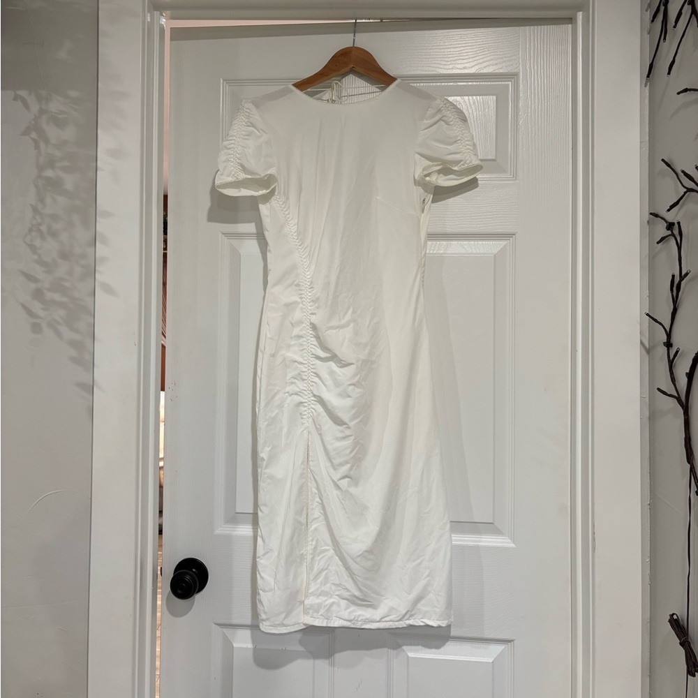 Anna October White Ruched Puff-Sleeve Midi Dress